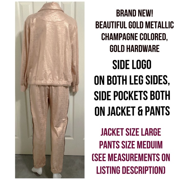 NWOT, KARL LAGERFELD PARIS, Matching Champagne Metallic Jogger Suit Set. - Picture 4 of 10